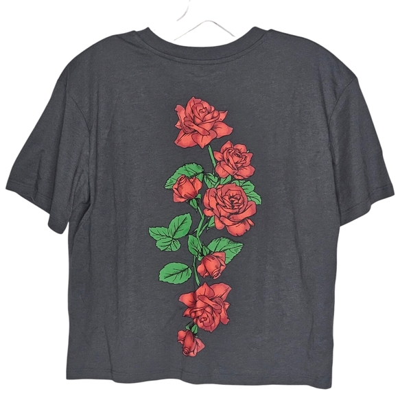 Rebellious One Dark Gray Graphic Red Roses 🌹 Cropped T-Shirt-Sz-S - Picture 4 of 10